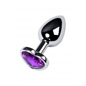 Серебристая коническая анальная пробка с фиолетовым кристаллом-сердечком - 7 см. - ToyFa - купить с доставкой в Перми