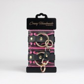 Черные кожаные наручники с розовой строчкой - Crazy Handmade - купить с доставкой в Перми