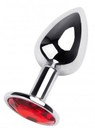 Маленькая коническая серебристая анальная пробка с красным кристаллом - 7 см. - ToyFa - купить с доставкой в Перми