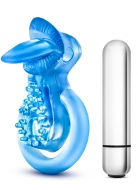 Голубое эрекционное виброкольцо 10 Function Vibrating Tongue Ring - Blush Novelties - в Перми купить с доставкой