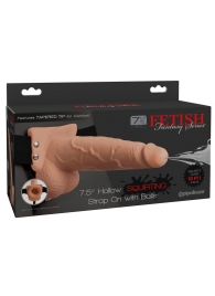 Телесный полый страпон с имитацией эякуляции 7.5  Hollow Squirting Strap-On with Balls Flesh - 21,6 см. - Pipedream - купить с доставкой в Перми