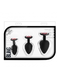 Набор черных анальных пробок с красным кристаллом-сердечком Bling Plugs Training Kit - Blush Novelties - купить с доставкой в Перми