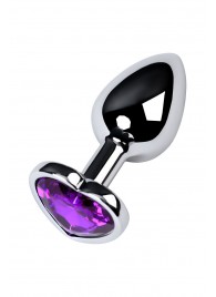 Серебристая коническая анальная пробка с фиолетовым кристаллом-сердечком - 7 см. - ToyFa - купить с доставкой в Перми