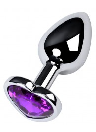 Серебристая коническая анальная пробка с фиолетовым кристаллом-сердечком - 7 см. - ToyFa - купить с доставкой в Перми