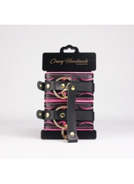 Черные кожаные оковы с розовой строчкой - Crazy Handmade - купить с доставкой в Перми