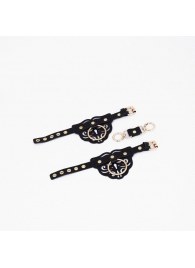 Черные кожаные наручники с клепками, кольцами и золотистой фурнитурой - Crazy Handmade - купить с доставкой в Перми