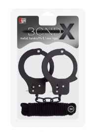 Чёрные наручники из листового металла в комплекте с веревкой BONDX METAL CUFFS LOVE ROPE SET - Dream Toys - купить с доставкой в Перми