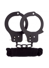 Чёрные наручники из листового металла в комплекте с веревкой BONDX METAL CUFFS LOVE ROPE SET - Dream Toys - купить с доставкой в Перми