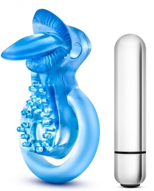 Голубое эрекционное виброкольцо 10 Function Vibrating Tongue Ring - Blush Novelties - в Перми купить с доставкой