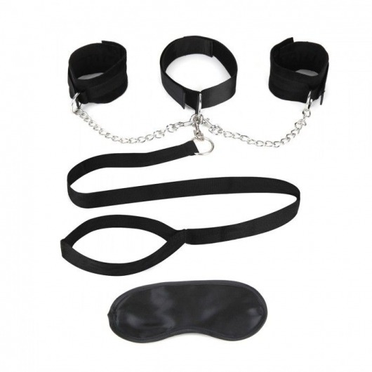 Чёрный ошейник с наручниками и поводком Collar Cuffs   Leash Set - Lux Fetish - купить с доставкой в Перми