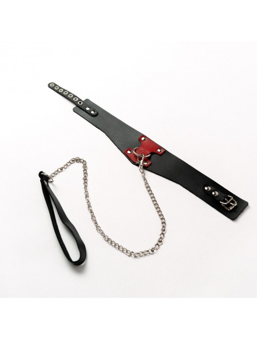 Черный широкий ошейник с красным декором и поводком - Crazy Handmade - купить с доставкой в Перми