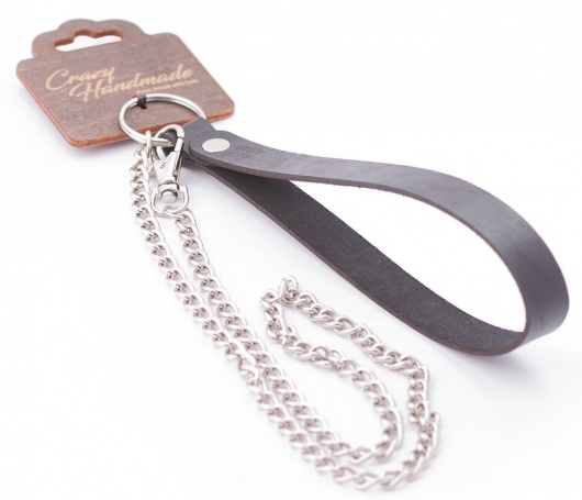 Серебристый металлический поводок с кожаной черной ручкой - 80 см. - Crazy Handmade - купить с доставкой в Перми