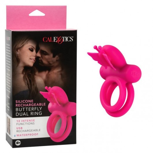Розовое эрекционное виброкольцо Silicone Rechargeable Dual Butterfly Ring - California Exotic Novelties - в Перми купить с доставкой