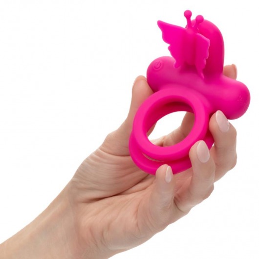 Розовое эрекционное виброкольцо Silicone Rechargeable Dual Butterfly Ring - California Exotic Novelties - в Перми купить с доставкой