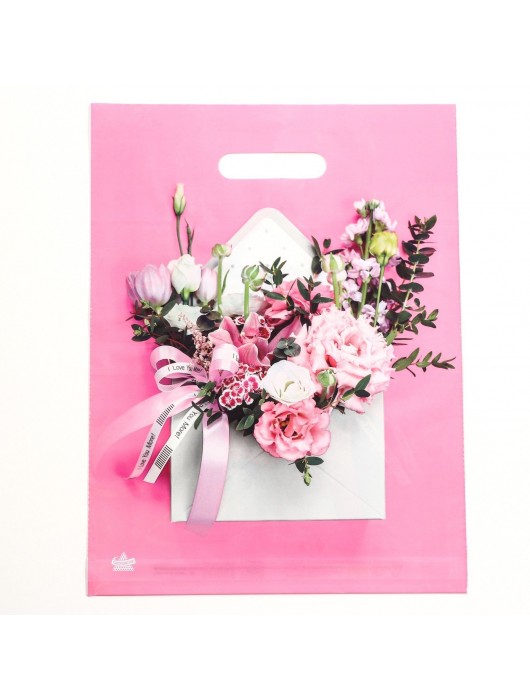 Розовый пакет с цветочным принтом и вырубной ручкой (40х31 см) - Сима-Ленд - купить с доставкой в Перми