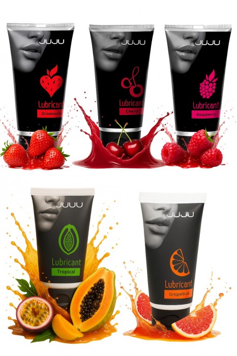Набор из 5 съедобных лубрикантов JUJU (клубника, малина, тропические фрукты, вишня, грейпфрут) - JuJu - купить с доставкой в Перми