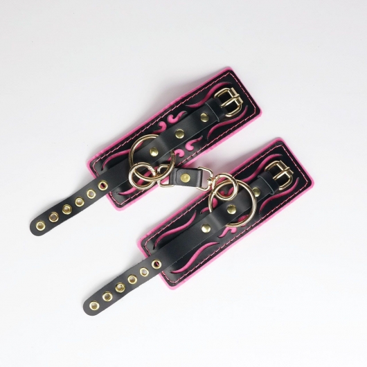 Черные кожаные наручники с розовой строчкой - Crazy Handmade - купить с доставкой в Перми