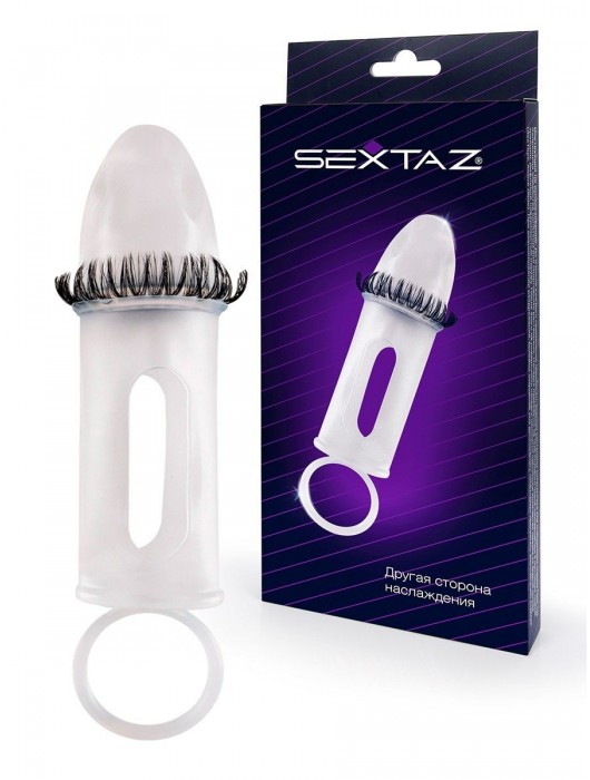 Закрытая насадка на пенис с подхватом мошонки и стимулирующими «ресничками» - Sextaz - в Перми купить с доставкой