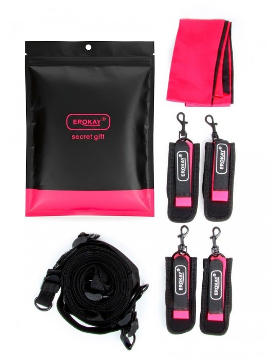 Черно-розовый эротический набор: фиксатор, оковы, наручники, повязка - Erokay - купить с доставкой в Перми