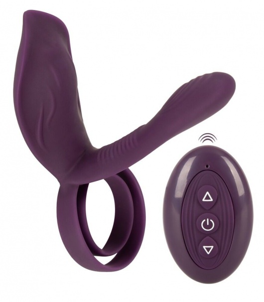 Фиолетовая насадка на член с клиторальным отростком и пультом ДУ RC Couple’s Vibrator 2 - Orion - в Перми купить с доставкой
